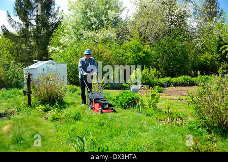 Un homme dans un jardin avec tondeuse (Mayenne, pays de la Loire, France). Banque D'Images