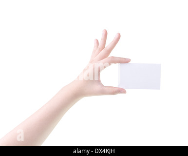 Woman hand holding blank card isolé sur fond blanc Banque D'Images