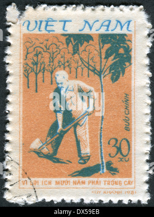 VIETNAM - circa 1981 : timbre-poste imprimé au Vietnam montre le Président Ho Chi Minh planter un arbre, vers 1981 Banque D'Images