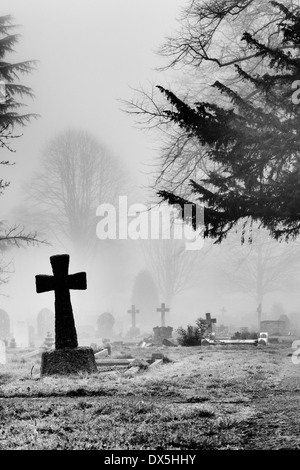 La pierre tombale dans le cimetière de brouillard à Banbury, Oxfordshire, Angleterre. Monochrome Banque D'Images