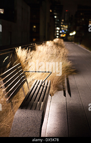 Allumé en banc de parc et prairie d'herbe dans le parc High Line la nuit, New York City, New York, United States Banque D'Images