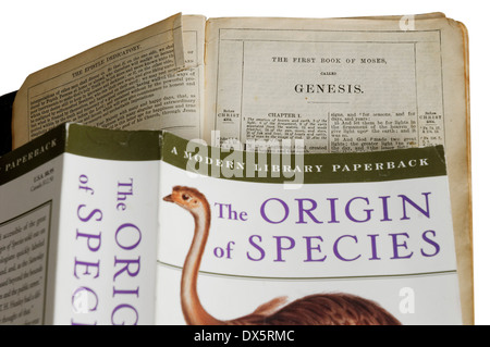L'origine des espèces par Charles Darwin et la bible ouverte sur le livre de la genèse Banque D'Images