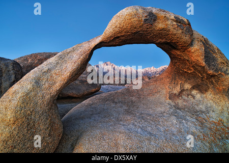 Le crépuscule à l'aube capture le plus haut sommet de la Californie Mt Whitney à travers le passage de Mobius dans la région de Alabama Hills rec. Banque D'Images