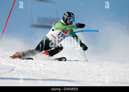 Un skieur alpin à une porte tandis que la course sur le slalom. Banque D'Images