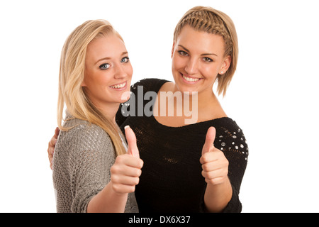Deux happy friends showing thumb up Banque D'Images