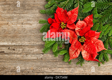 Belle branche d'arbre de Noël avec poinsettia rouge fleur sur fond de bois Banque D'Images