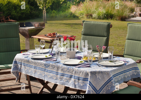 La table dans le jardin, dans l'arrière-plan un barbecue avec la viande fraîche Banque D'Images