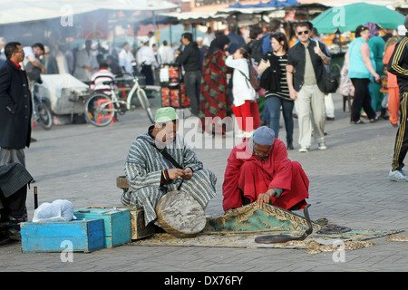 Les charmeurs de serpent à la place Jamaa el Fna à Marrakech Banque D'Images