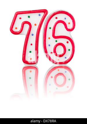 Numéro 76 rouge avec la réflexion sur un fond blanc Banque D'Images