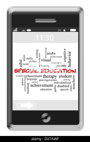 L'éducation spéciale Mot Concept Cloud de téléphone à écran tactile avec beaucoup de termes tels que le programme, les enseignants, les étudiants et plus encore. Banque D'Images