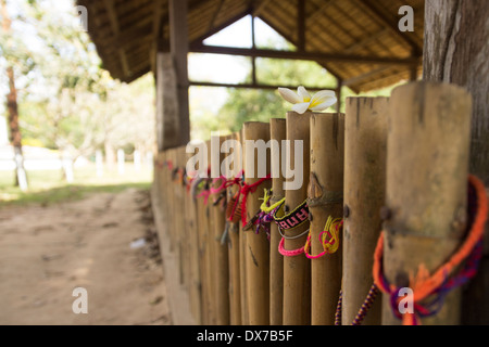Bracelets et de fleurs laissés par les visiteurs de Choeung Ek Centre génocidaire, autour d'un charnier à Choeung Ek, Phnom Penh, Cambodge Banque D'Images