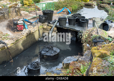Le dragage des sédiments des étangs ornementaux au RHS Wisley Gardens, Surrey, Angleterre Banque D'Images