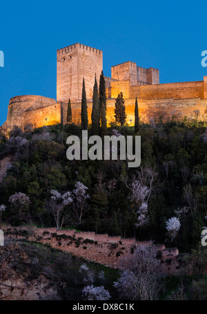 Grenade Alhambra, l'Alcazaba, dans la nuit, des projecteurs Banque D'Images