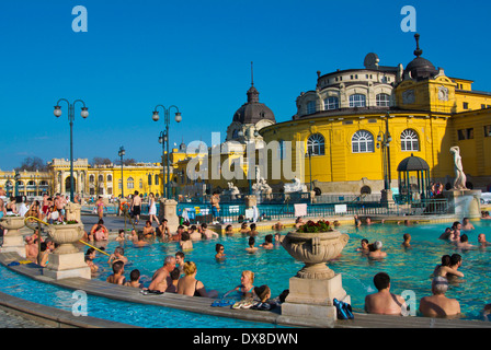 Piscines thermales en plein air, Szechenyi Furdo spa, Varosliget, Budapest, Hongrie Banque D'Images
