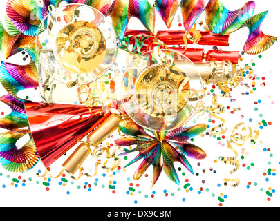Décoration colorée, de guirlandes, de banderoles, de craquelins et de confettis champagne. vacances background Banque D'Images