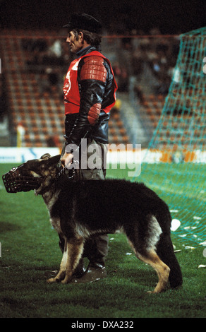 Football, Bundesliga, 1982/1983, stade de la Ruhr, Bochum contre 1. FC Kaiserslautern 1:1, Stadionsicherheit, Sicherheitsdienst, Ordner, Schaeferhund mit Maulkorb Banque D'Images