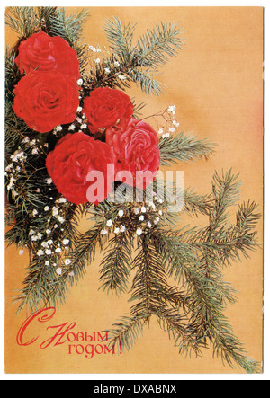 Urss - circa 1990 : Carte postale montre attirer par artiste Poklad - rose rouge avec des branches de sapin, vers 1990 Banque D'Images