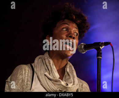 Austin, Texas, États-Unis. Mar 20, 2014. DOMINIQUE CHRISTINA de Denver, Colorado est en concurrence dans un combat au cours de la femme du monde la poésie Slam. WOWPS est un annuel, quatre jours de festival de poésie qui dispose d'ateliers, ouverts à thème cmi et un concours qui couronne un champion national de la poésie féminine parmi les 72 concurrents qui se sont qualifiés dans les collectivités locales et régionales chelem. © Brian Cahn/ZUMAPRESS.com/Alamy Live News Banque D'Images