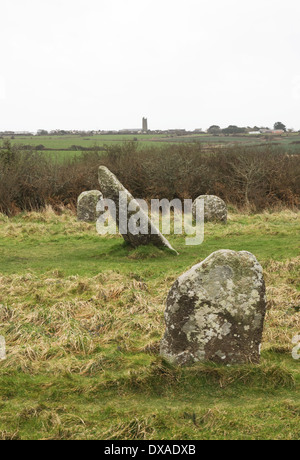 Boscawen-ONU Stone Circle à Cornwall - Carte ref SW412274 - un ancien cercle de pierres près de St Buryan dans Cornwall, UK Banque D'Images