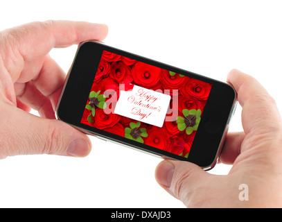 Téléphone mobile avec mans mains message de la Saint-Valentin. Banque D'Images