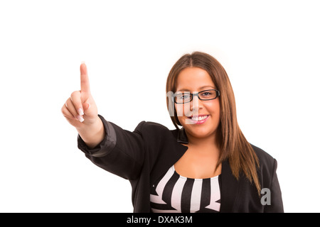 Grand business woman en appuyant sur une touche, isolé sur fond blanc Banque D'Images