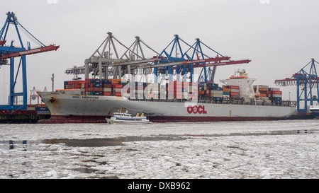 Conteneurs OOCL Kaohsiung Taiwan le 1 février 2014 au terminal à conteneurs Burchardkai à Hambourg, Allemagne. Banque D'Images