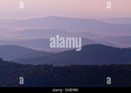 Lever du soleil sur les montagnes Blue Ridge dans Shenandoah National Park le 17 juillet 2012 en Virginie Banque D'Images