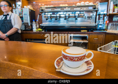 Tasse de cappuccino servi dans un café de Milan, Lombardie, Italie Banque D'Images