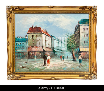 Huile sur toile encadrée d'origine d'une scène de rue Paris, signé 'Burnett'. Banque D'Images