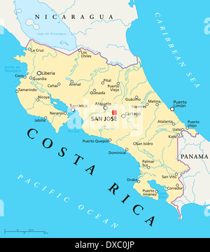 Carte politique du Costa Rica avec la capitale San José, les frontières nationales, la plupart des grandes villes, rivières et lacs. Banque D'Images