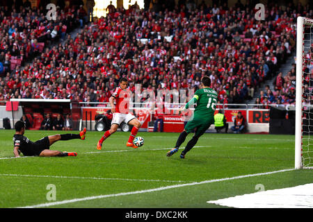 Lisbonne, Portugal. Mar 23, 2014. Le Benfica avant Brésilien Rodrigo Lima (C) marque son deuxième but pendant un match de foot entre SL Benfica et Academica dans la Premier League, Portugais Benfica au stade de la Luz à Lisbonne, le 23 mars 2014. © Plus Sport Action/Alamy Live News Banque D'Images