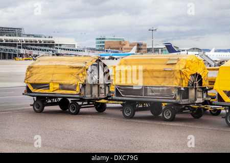 Chariots chargés de bagages dans un aéroport debout sur le tarmac sous bâches jaunes attendent d'être chargés à bord d'un avion Banque D'Images