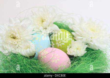 Carte de Pâques avec des œufs et des chrysanthèmes with copy space Banque D'Images