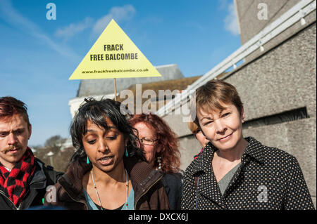 Brighton, Sussex, UK. Le 24 mars 2014. Caroline Lucas, députée du Parti Vert pour Brighton Pavillion, arrivant à Brighton Magistrates Court pour le premier jour de l'essai après son arrestation en août dernier lors de l'anti-manifestations de fracturation à Balcombe. Caroline Lucas prend part à une action directe non violente de protestation contre la fracturation hydraulique. Elle a été accusée, avec quatre autres, pour obstruction à l'autoroute et le défaut de suivre les instructions de la police pour passer à une zone de protestation. Caroline Lucas MP membres sur son blog qu'ils seront tous plaider non coupable. Credit : Francesca Moore/Alamy Live News Banque D'Images