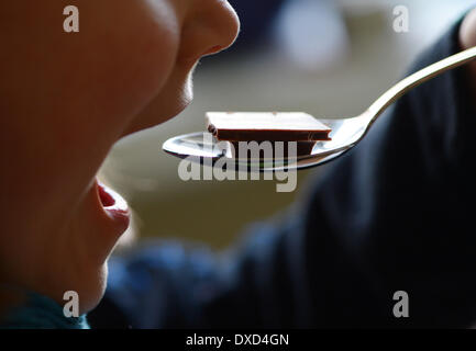 Berlin, Allemagne. Feb 19, 2014. Illustration - un enfant, souffrant de diabète, est en train de manger un morceau de chocolat avec une cuillère à Berlin, Allemagne, le 19 février 2014. Photo : Jens Kalaene/dpa/Alamy Live News Banque D'Images