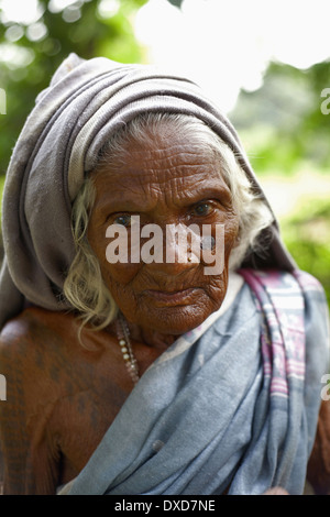 Portrait d'une vieille dame tribal. Tribu Santhal. Jarkatand, village du district de Bokaro, Jharkhand Banque D'Images