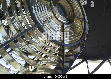 Sur la lentille de Fresnel à la lampe phare Lizard, Cornwall, Angleterre. Banque D'Images