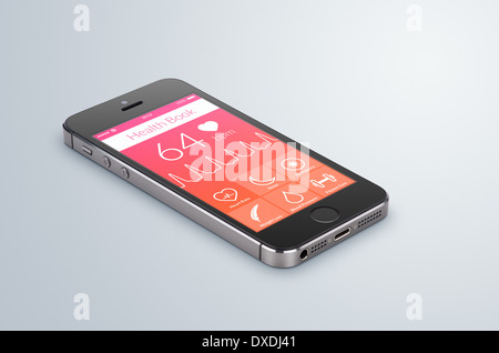 Smartphone moderne noir avec santé livre app sur l'écran se trouve sur la surface grise. Banque D'Images