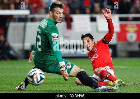 Benfica, Portfugal. 24Th Mar, 2014. Le milieu de terrain argentin du Benfica Enzo Perez marque un but au cours de la zon Sagres League football match SL Benfica vs Academcia au stade de la Luz à Lisbonne. © Filipe Amorim/NurPhoto ZUMAPRESS.com/Alamy/Live News Banque D'Images