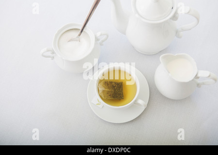 Tasse de thé en porcelaine tasse blanche, Creamer, studio shot Banque D'Images