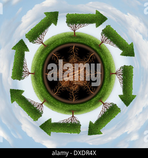 Nettoyer l'air l'environnement et de la conservation de concept avec un groupe d'arbres flèche tourner autour dans un cercle comme un symbole de la nature de la pollution de la planète de nettoyage et les toxines grâce à un cycle naturel. Banque D'Images