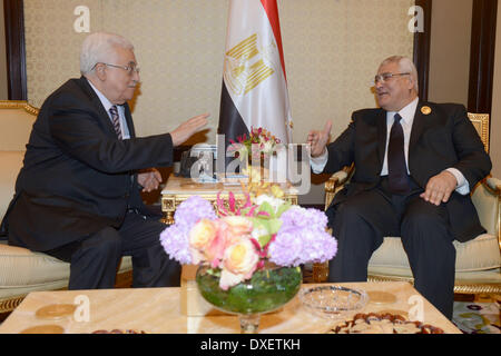 La ville de Koweït, Koweït. Mar 25, 2014. Le président palestinien, Mahmoud Abbas rencontre le président par intérim de l'Égypte Adly Mansour à Koweït le 25 mars 2014. Le conflit syrien prend la vedette au Sommet arabe qui est tenue au Koweït pour la première fois, lorsqu'un rift régional sur l'Egypte, Frères musulmans ont été exclues du programme Crédit : Thaer Ganaim APA/Images/ZUMAPRESS.com/Alamy Live News Banque D'Images