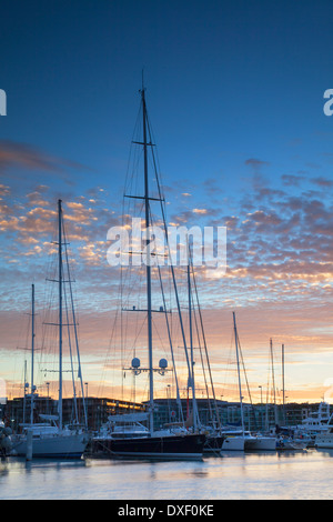 Yachts à Viaduct Harbour au coucher du soleil, l'île du nord, Auckland, Nouvelle-Zélande Banque D'Images