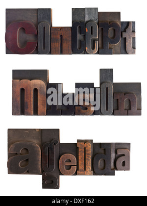 Mots concept, mission, écrit dans l'ordre du type typo vintage, rayé et taché, isolé sur fond blanc Banque D'Images