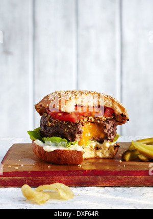 Hamburger avec fromage rempli de moustiques prises, Studio Shot Banque D'Images