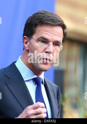 La Haye, Pays-Bas. Mar 25, 2014. Le Premier ministre néerlandais Mark Rutte parle au cours de la conférence de presse de clôture du Sommet sur la sécurité nucléaire (SNN) 2014 à La Haye, Pays-Bas, le 25 mars 2014. Le Sommet sur la sécurité nucléaire (SNN) 2014 a conclu à La Haye le mardi avec un communiqué atteint par les dirigeants du monde entier pour empêcher les matières nucléaires tombent entre les mains de terroristes. Credit : Gong Bing/Xinhua/Alamy Live News Banque D'Images