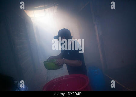 Guatemala City, Guatemala. Mar 25, 2014. Un peuple se jette de l'eau pour essayer d'éteindre un incendie au marché de la Terminal de la ville de Guatemala, capitale du Guatemala, le 25 mars 2014. Le feu a consommé plus de 100 locaux dans le marché, selon la presse locale. Crédit : Luis Echeverria/Xinhua/Alamy Live News Banque D'Images