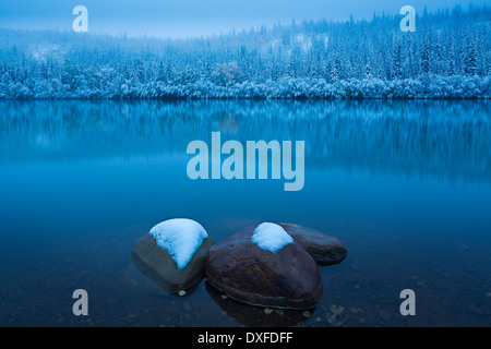 Couleurs d'automne et la première chute de neige à Five Mile Lake. Silver Trail, Territoire du Yukon, Canada Banque D'Images