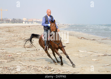 Un homme monté sur son cheval sur la plage Banque D'Images