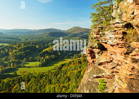 Vue depuis près de Hochstein Dahn, Forêt du Palatinat, Rhénanie-Palatinat, Allemagne Banque D'Images